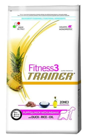 TRAINER Fitness 3 Puppy suha hrana za mladiče M/XL Duck & Rice, 12,5 kg