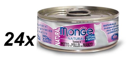 Monge konzervirana mačja hrana Natural s tuno, piščancem in govedino, 24 x 80 g