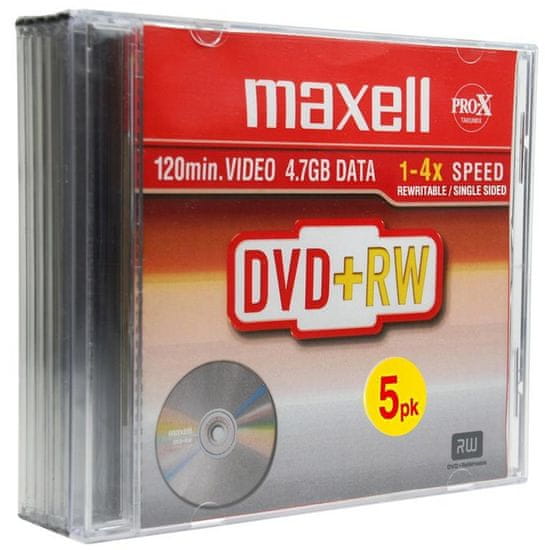 Maxell DVD+RW medij 4X, 4,7 GB, 5 kos, 10 mm