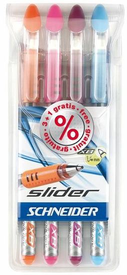 Schneider Komplet kemičnih svinčnikov Slider 4/1 oranžen, roza, vijola, sv. moder