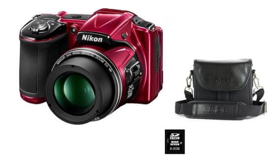 Nikon digitalni fotoaparat COOLPIX L830, rdeč + 8GB kartica + torbica