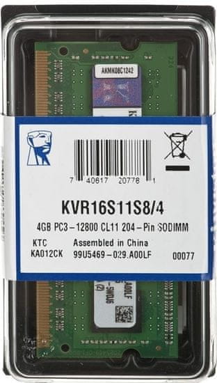 Kingston pomnilnik (RAM) za prenosni računalnik SODIMM 4GB PC3-12800 (KVR16S11S8/4) - Odprta embalaža