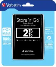 Verbatim Store 'n' Go zunanji trdi disk, 2 TB, USB 3.0, črn