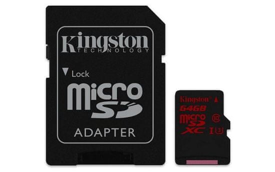 Kingston pomnilniška kartica microSDXC 64 GB C10 UHS-I U3 z SD adapterjem (SDCA3/64GB)