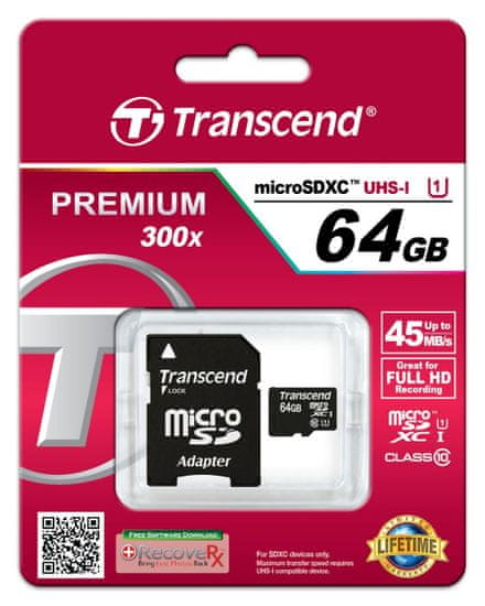Transcend micro SDHC pomnilniška kartica 64GB UHS-I + adapter (TS64GUSDU1)
