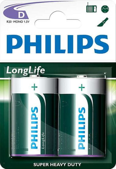 Philips baterije LongLife Blister D, 2 kosa (LR20)