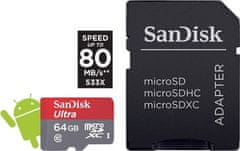 SanDisk spominska kartica microSD Ultra 64GB + adapter (80MB/s)
