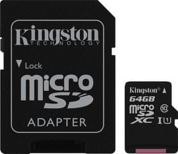 Kingston microSDHC spominska kartica 64 GB C10 UHS-I + adapter (SDC10G2/64GB)