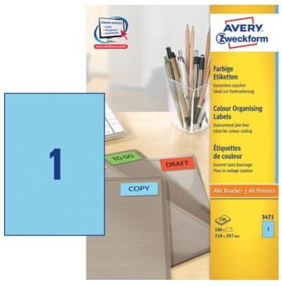 Avery Zweckform Etikete 3471 210X297, modre, zavitek 100 listov