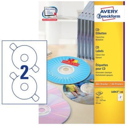 Avery Zweckform Etikete za označevanje CD medijev, L6043-100, bele, 100 listov