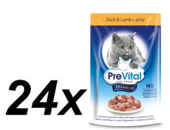 PreVital Premium hrana za odrasle mačke, raca in jagnjetina, 24 x 100 g
