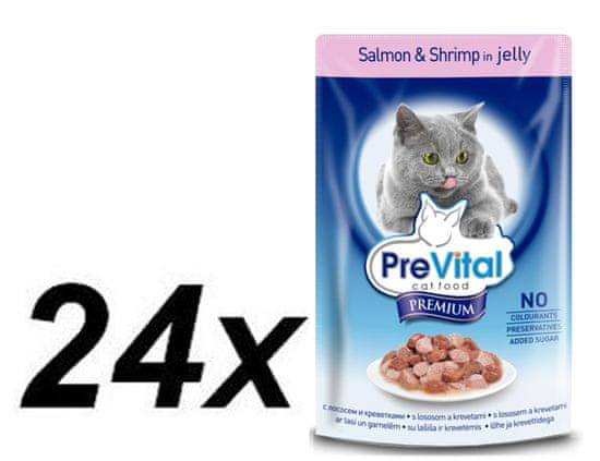 PreVital Premium hrana za odrasle mačke, losos in kozice, 24 x 100 g