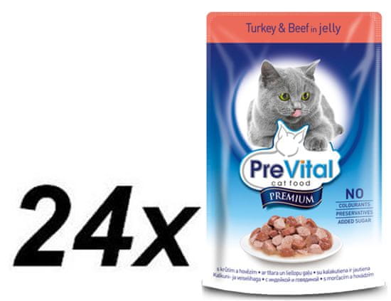 PreVital Premium hrana za odrasle mačke, puran in govedina, 24 x 100 g