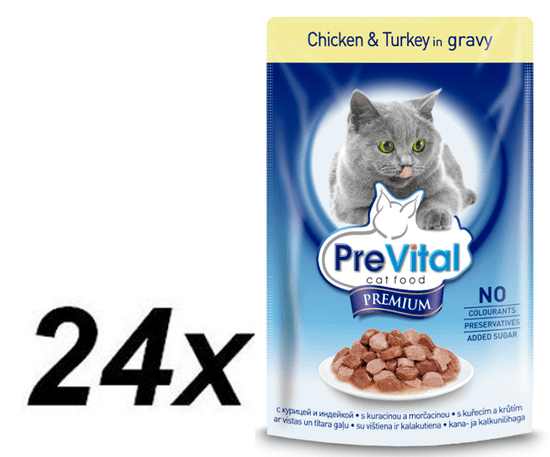 PreVital Premium hrana za odrasle mačke, piščanec in puran, 24 x 100 g