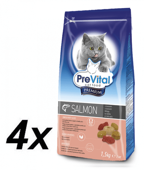 PreVital Premium hrana za odrasle mačke, losos in zelenjava, 4 x 1.5 kg