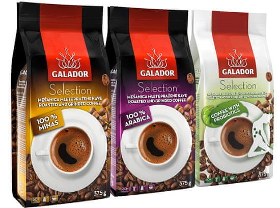 Galador kava Platinum Mix, 100% Arabica 375 g + 100% Minas 375 g + kava s probiotikom