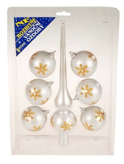 EverGreen Set špica in 6 kosov krogel srebrna s snežinkami