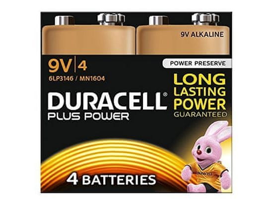 Duracell alkalne baterije Plus Power MN1604B4 PP3 9V, 4 kosi