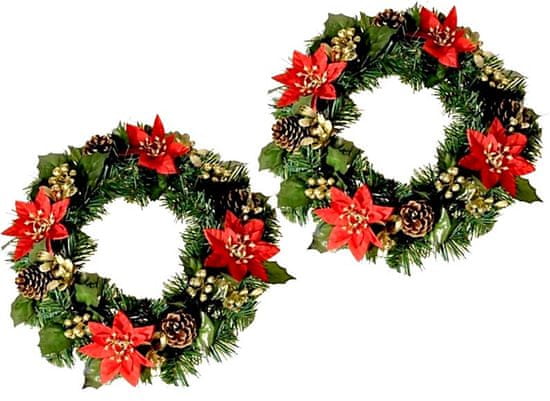 EverGreen božični venec s cvetjem, rdeče-zlat, 2 kosa
