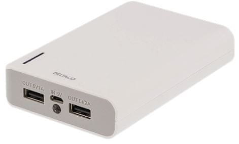 DELTACO polnilna baterija PB-814, 10.000 mAh, 2x USB, LED svetilka, bela