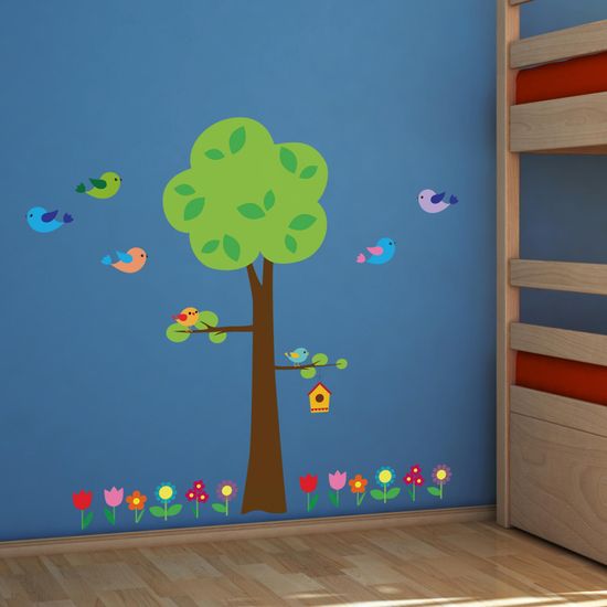 Crearreda samolepilna stenska dekoracija, XL, drevo, ptički in rožice