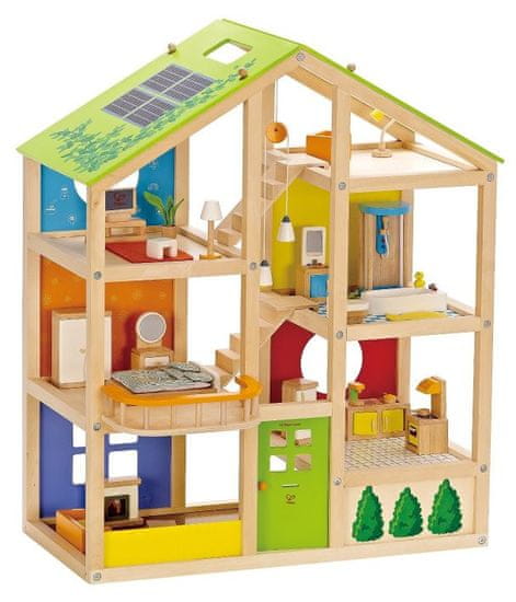 Hape lesena hiša za punčke, opremljena
