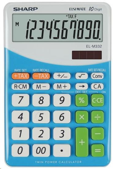 Sharp kalkulator EL332BBL, namizni, 10-mestni, bel/moder