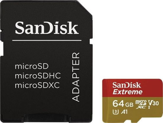 SanDisk spominska kartica microSDXC 64 GB UHS-I V30 A1 Extreme 100MB/s + adapter (SDSQXAF-064G-GN6AA)