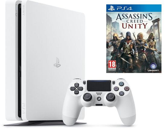 Sony Playstation 4 Slim, 500 GB, bel + Assassin&#39;s Creed: Unity