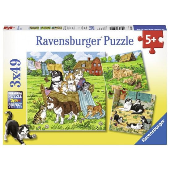 Ravensburger sestavljanka Mački, psi in družina, 3x49d