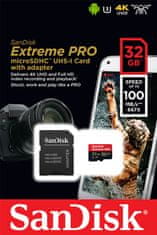 SanDisk spominska kartica microSDHC 32 GB UHS-I V30 A1 Extreme Pro 100MB/s + adapter (SDSQXCG-032G-GN6MA)