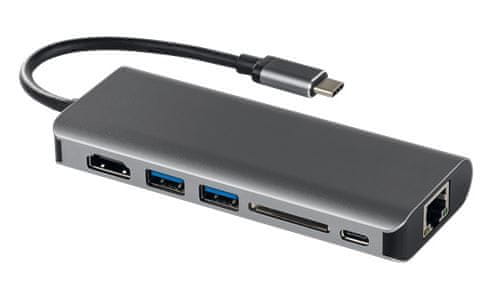 DELTACO priključna postaja 2xUSB 3.0, USB-C, RJ45, HDMI, čitalec SD kartic, aluminij (USBC-1266)