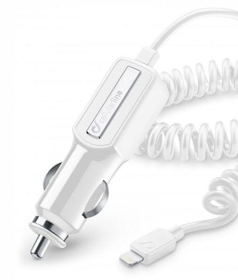 CellularLine avtopolnilec Lightning z navijalni kablom 2A, bel