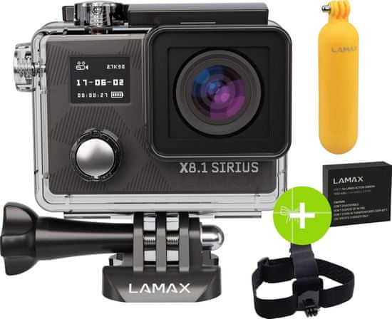 LAMAX športna kamera X8.1 Sirius, z naglavnim trakom, nastavkom za vodo in rezervno baterijo