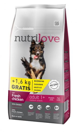 Nutrilove hrana za odrasle pse srednjih pasem Fresh, piščanec 8kg + 1,6kg gratis