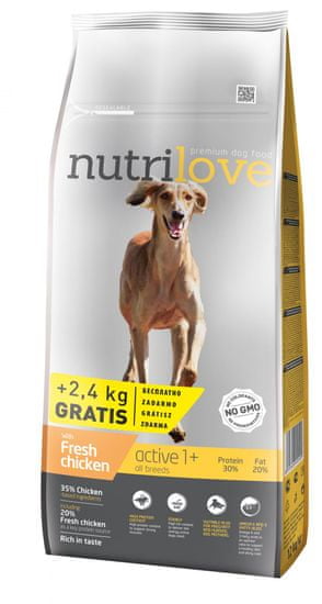 Nutrilove hrana za aktivne pse Active Fresh, piščanec 12kg + 2,4kg gratis