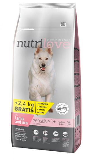 Nutrilove hrana za pse Sensitive, jagnjetina in riž 12kg + 2,4kg gratis