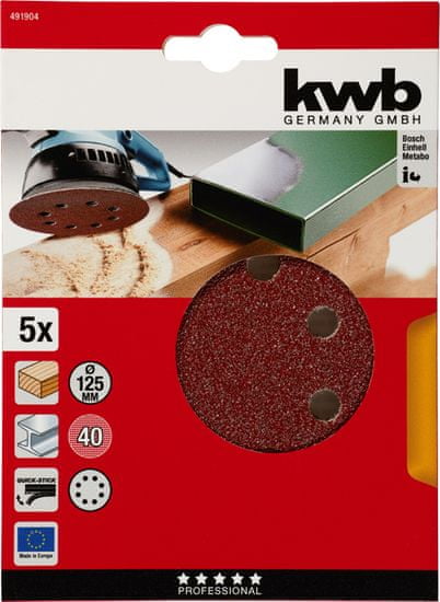 KWB samolepilni brusni papir za les in kovino, Ø 125 mm, 80 GR, 5 kosov (491908)
