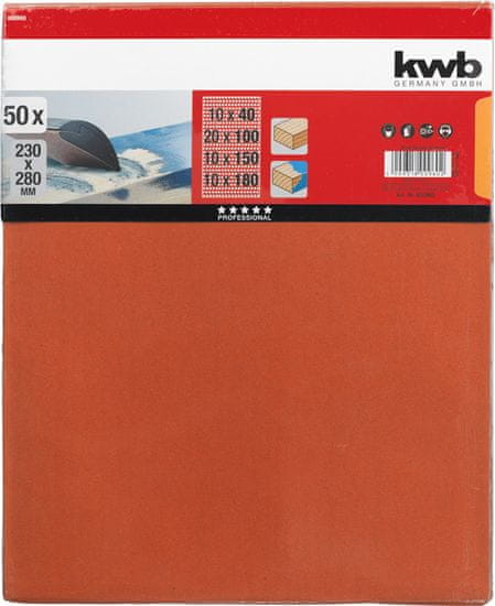 KWB kremenov brusni papir za les in barvo, 230 x 280 mm, 50 kosov različne granulacije (800960)