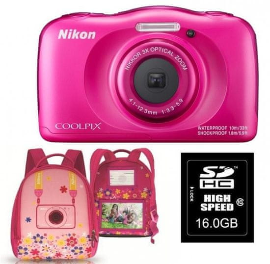 Nikon digitalni fotoaparat Coolpix W100, roza + SD16GB + nahrbtnik