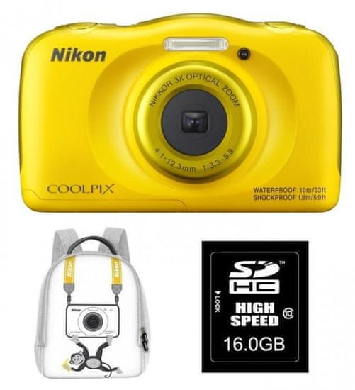 Nikon digitalni fotoaparat Coolpix W100, rumen + SD16GB + nahrbtnik