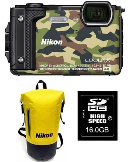 Nikon fotoaparat Coolpix W300, kamuflažen + SD16GB + nahrbtnik - Odprta embalaža