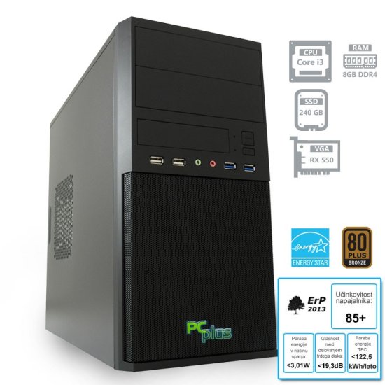 PCplus namizni računalnik e-office i3-7100/8GB/SSD240GB/RX550/FreeDOS (136768)