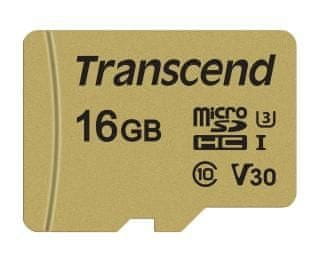 Transcend microSDHC pomnilniška kartica 500S, 16 GB, 95/60 MB/s, MLC, C10, UHS-I U3, V30, adapter