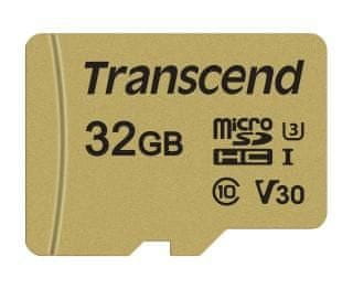 Transcend microSDHC pomnilniška kartica 500S, 32 GB, 95/60 MB/s, MLC, C10, UHS-I U3, V30, adapter