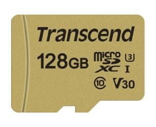 Transcend microSDXC pomnilniška kartica 500S, 128 GB, 95/60 MB/s, MLC, C10, UHS-I U3, V30, adapter