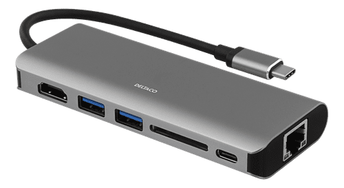 DELTACO priklopna postaja USBC-1273, 2x USB 3.0, RJ45, HDMI, SD, siva
