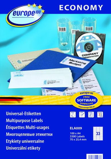 Europe100 bele papirne etikete ELA009, 70 x 25,4 mm, 100 listov, 3300 etiket