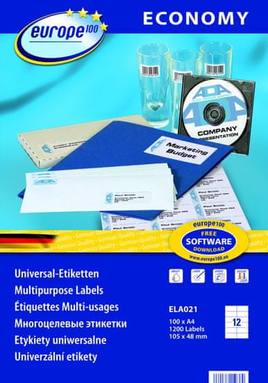 Europe100 bele papirne etikete ELA021, 105 x 48 mm, 100 listov, 1200 etiket