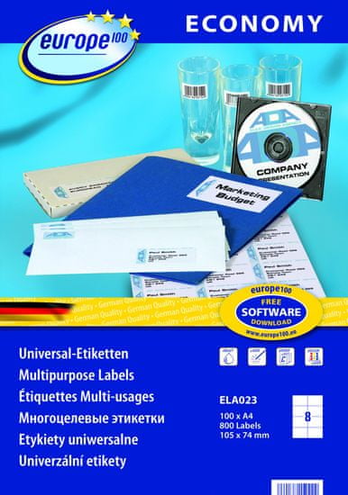 Europe100 bele papirne etikete ELA023, 105 x 74 mm, 100 listov, 800 etiket